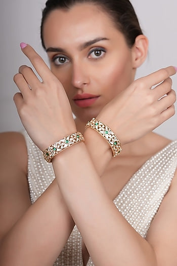 Gold Plated Floral Motif Bangles (Set Of 2)