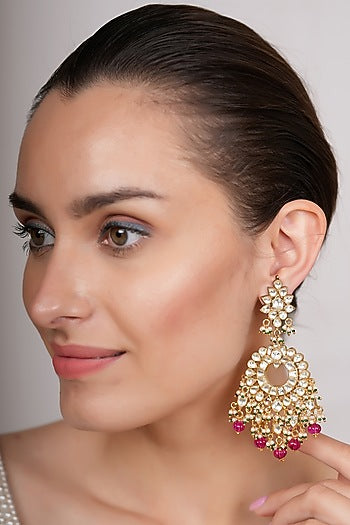 Gold Plated Ruby & Kundan Polki Dangler Earrings