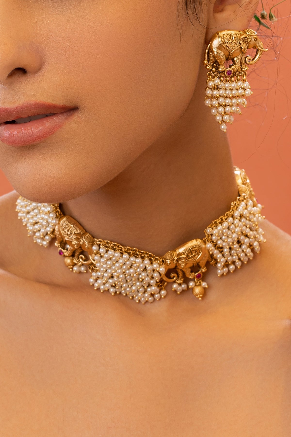 Gold Plated Pearl Choker Necklace Set