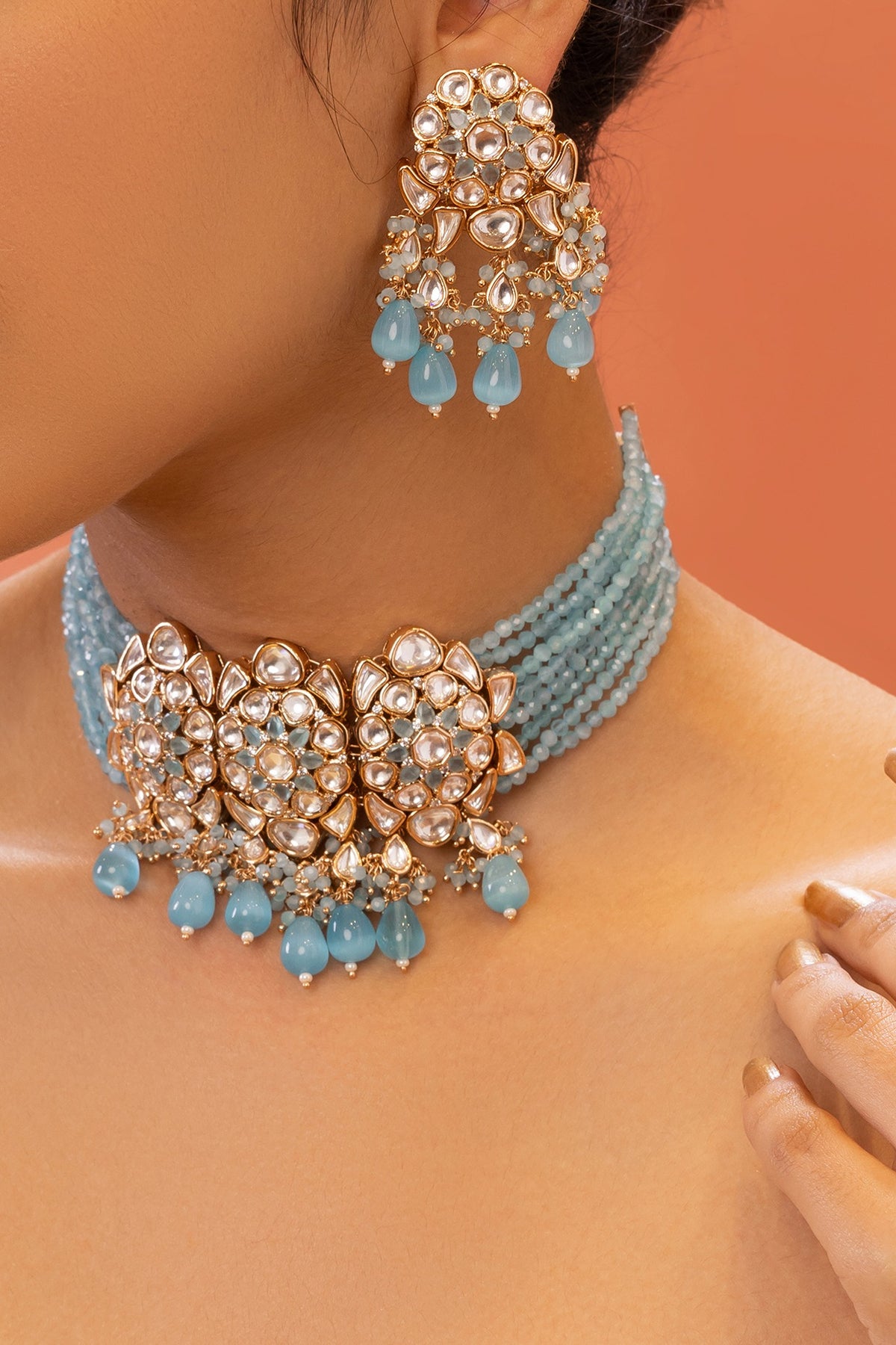 Gold Plated Aqua Beaded Choker Necklace Set