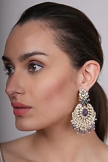 Gold Plated Kundan Polki & Blue Beaded Dangler Earrings