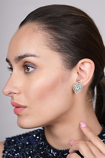 Gold Plated Aqua Polki Stud Earrings