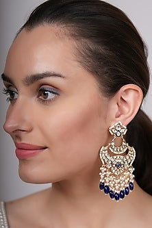 Gold Plated Kundan Polki & Blue Beaded Dangler Earrings