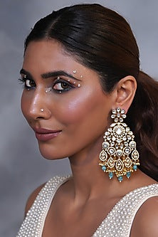 Gold Plated Kundan Polki & Blue Beaded Dangler Earrings