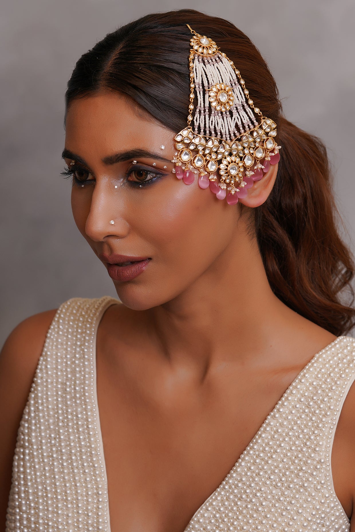 Gold Plated Kundan Polki & Pink Beaded Pasa