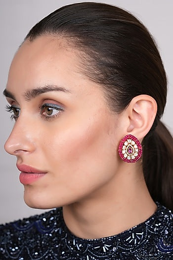 Gold Plated Red Polki Stud Earrings