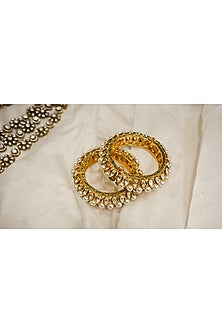 Gold Finish Moissanite Polki & Pearl Bangles In Sterling Silver (Set Of 2)