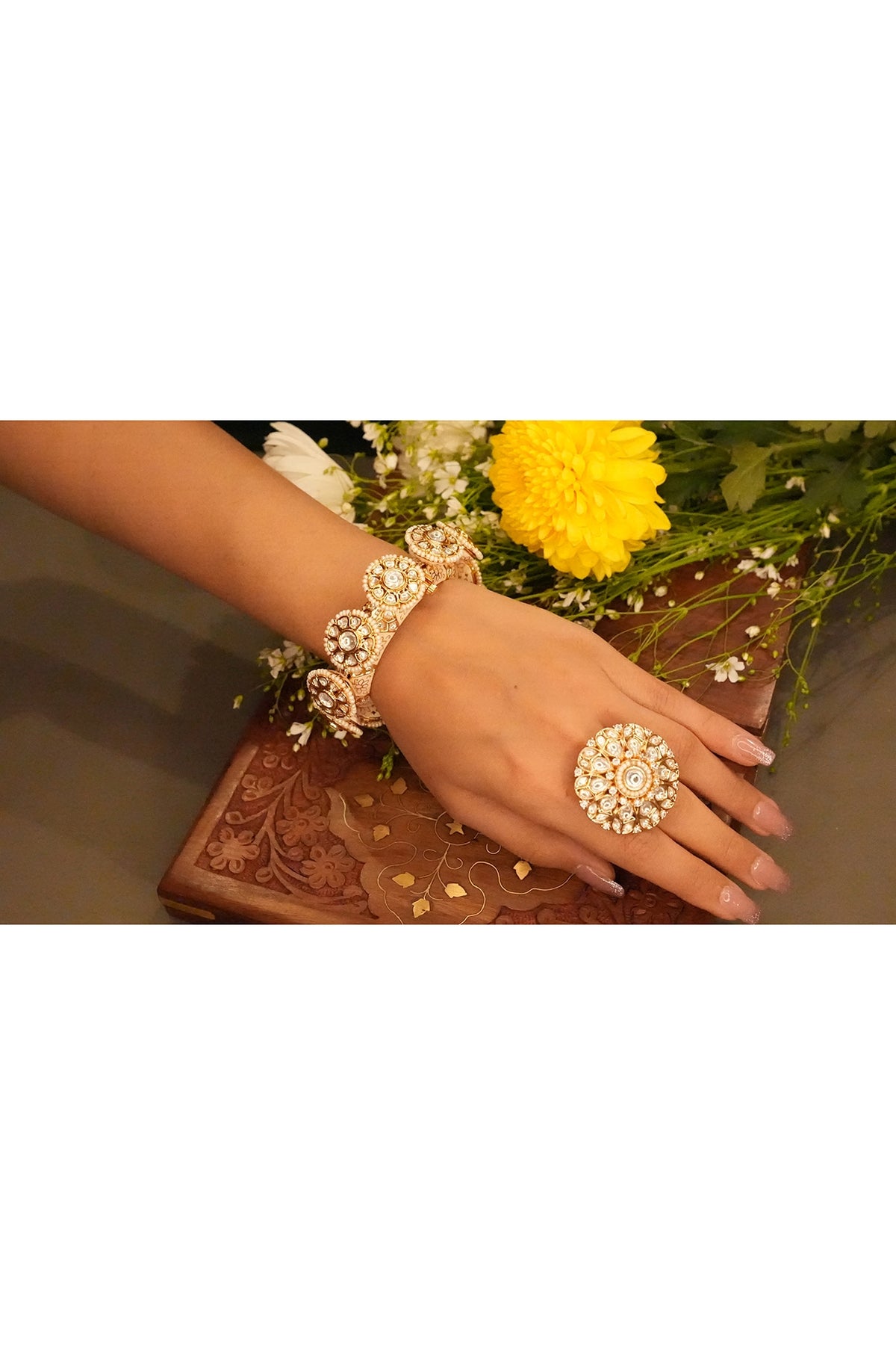 Gold Finish Kundan Polki & Pearl Pacheli Bangles (Set Of 2)
