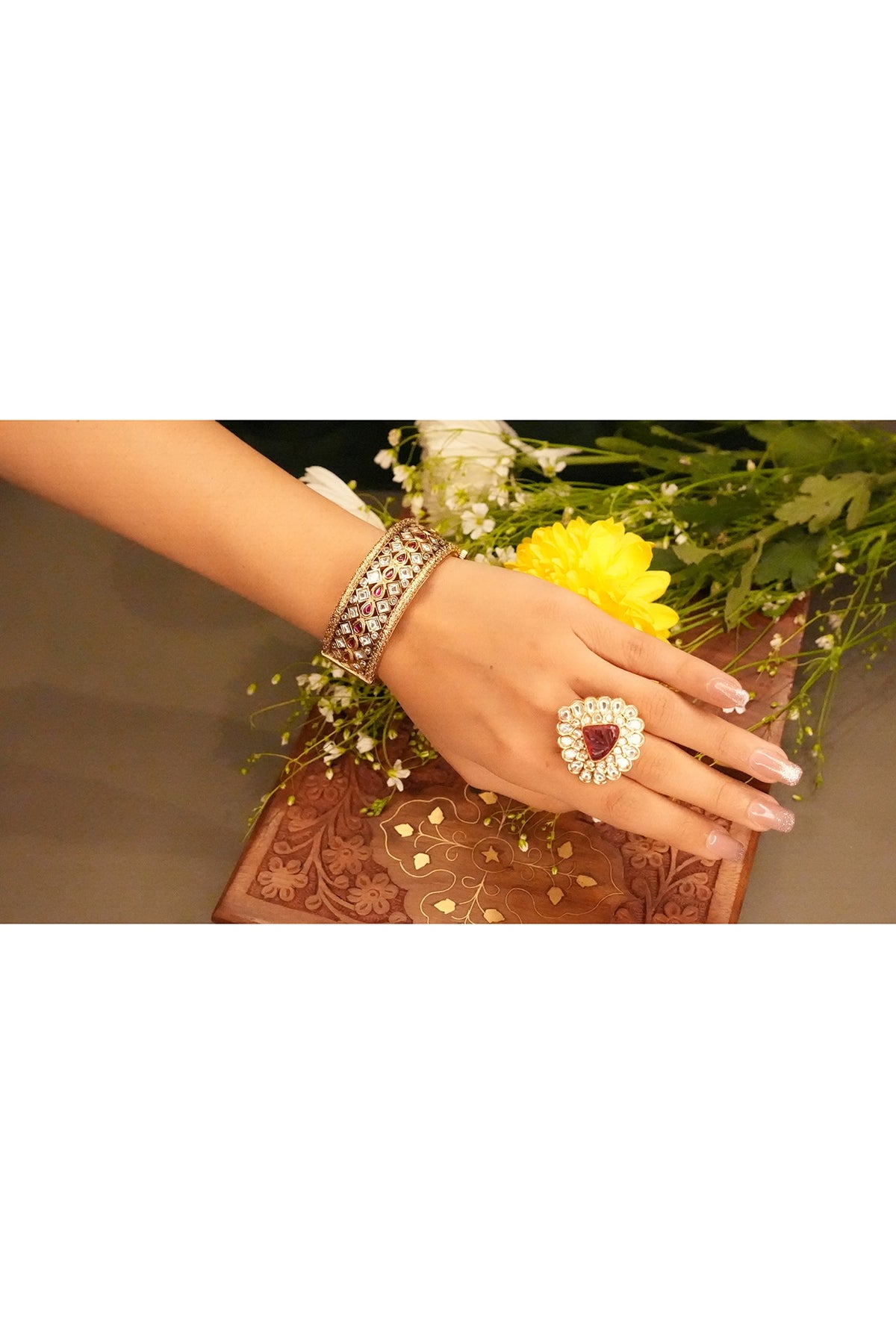 Gold Finish Kundan Polki & Ruby Bangles (Set Of 2)
