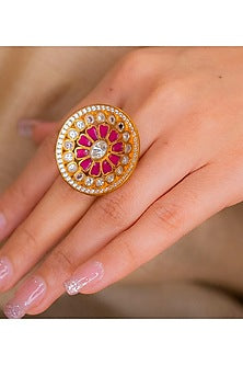 Gold Plated Ruby & Kundan Polki Enameled Ring