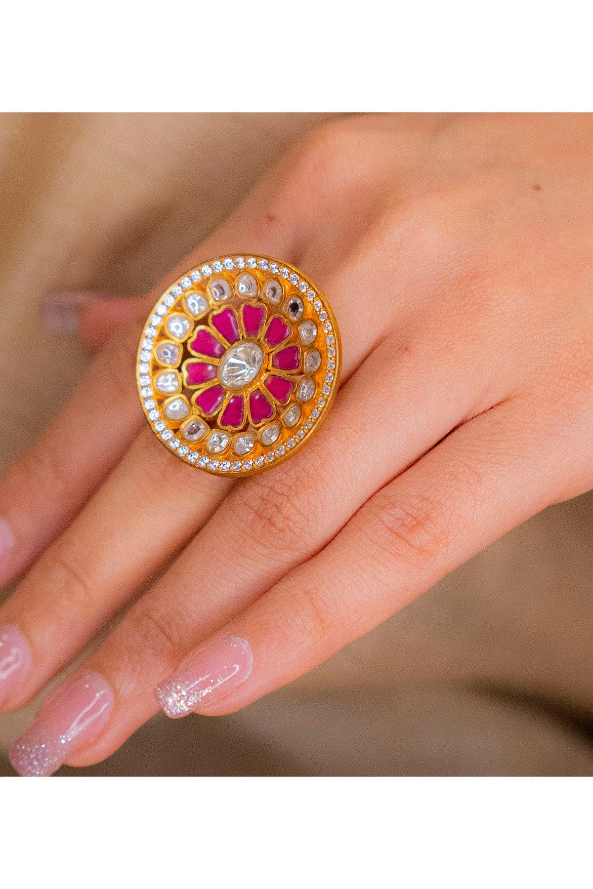 Gold Plated Ruby & Kundan Polki Enameled Ring