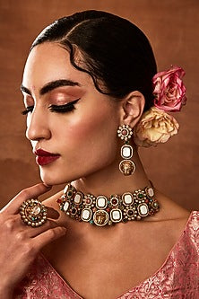 Gold Finish Navratna Stone Choker Necklace Set