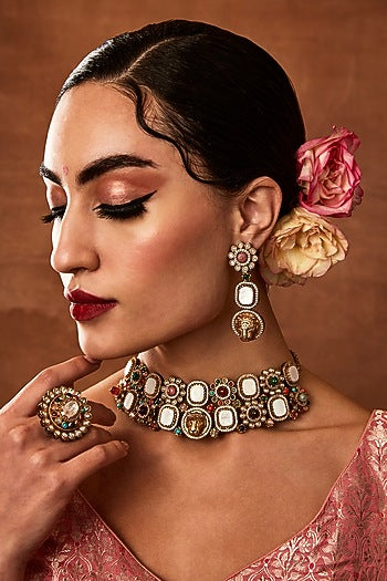 Gold Finish Navratna Stone Choker Necklace Set