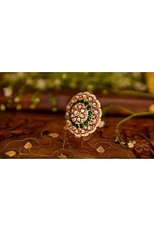 Gold Finish Moissanite Polki & Emerald Ring
