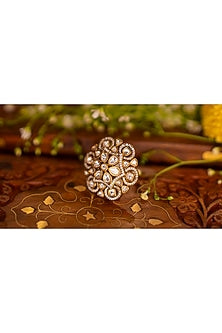 Black Rhodium Finish Kundan Polki & Floral Motif Ring