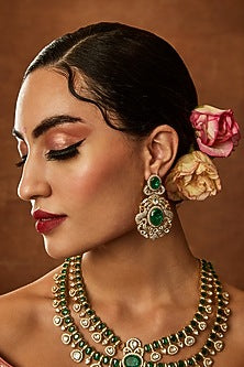 Gold Finish Kundan Polki & Emerald Beaded Layered Necklace Set