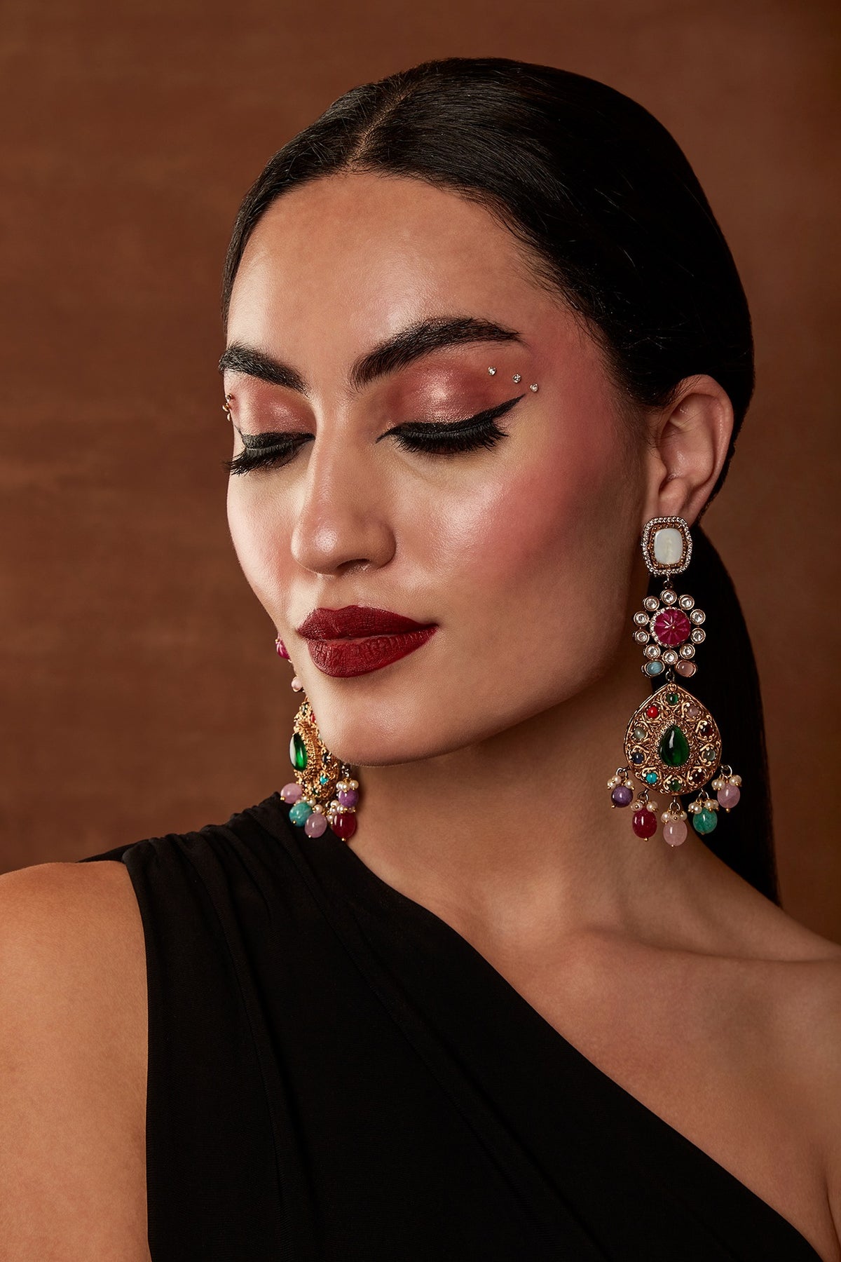 Black Rhodium Finish Kundan Polki & Navratna Stone Dangler Earrings