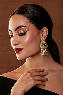 Gold Finish Kundan Polki Temple Jhumka Earrings