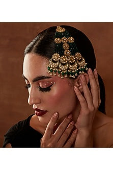 Gold Finish Kundan Polki & Green Beaded Vartik Pasa