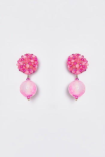 White Finish Pink Bead & Agate Dangler Earrings