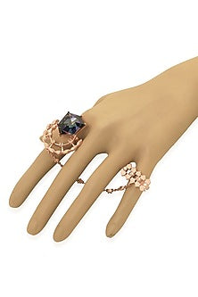 Gold Finish Swarovski Crystals Double Finger Ring