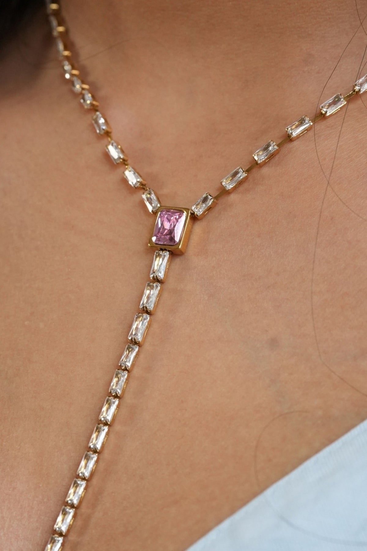 Gold Plated Pink & White Austrian Crystal Lariat Necklace