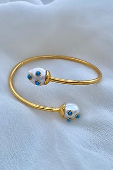 Gold Finish Pearl Cuff In Sterling Silver