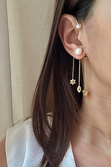 Gold Finish Ruby & Freshwater Pearl Earcuff In Sterling Silver