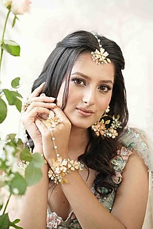 Gold Finish Orange Gemstone & Resin Floral Hathphool (Set of 2)