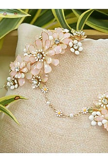 Gold Finish Off-White Gemstone & Resin Floral Hathphool (Set of 2)