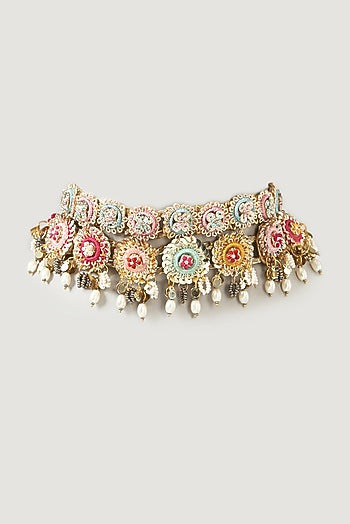 Gold Finish Necklace With Hand Embroidery
