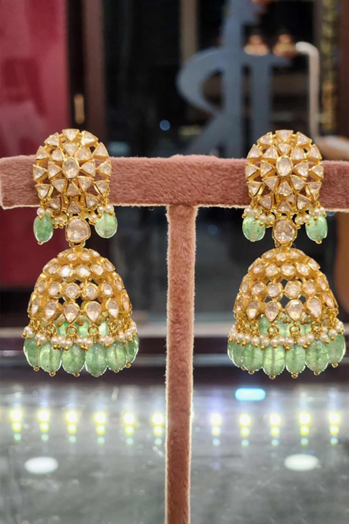 Yellow Gold Finish Kundan Polki & Green Hanging Dangler Earrings In Sterling Silver