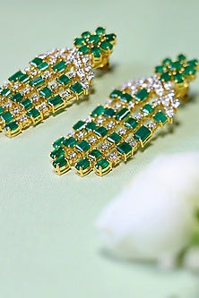 Gold Finish Green Onyx Earrings In Sterling Silver