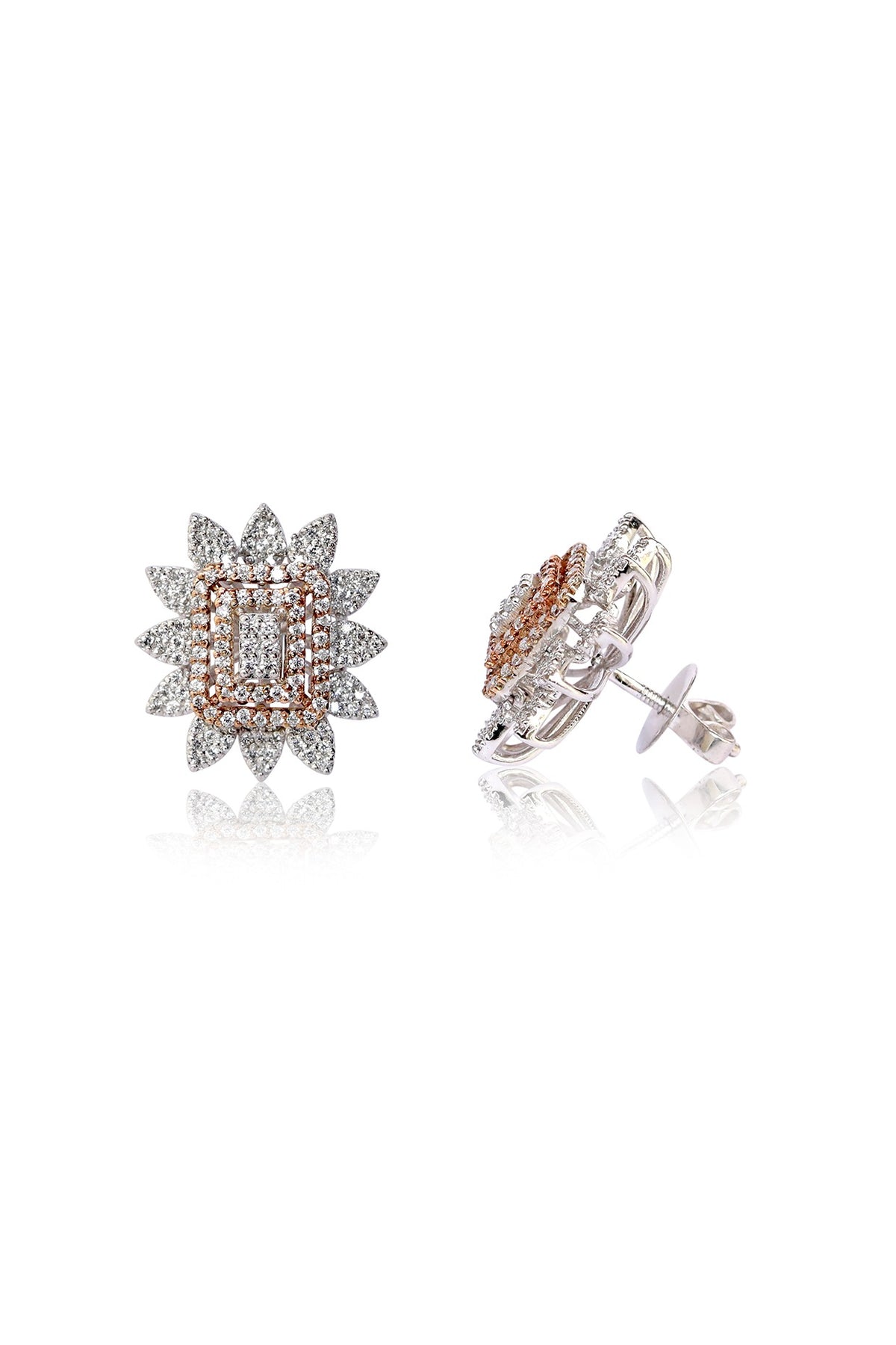 Two Tone Finish Zircon Stud Earrings In Sterling Silver