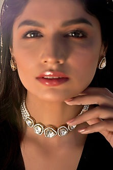 Gold Finish Rice Pearl Choker Necklace Set In Sterling Silver
