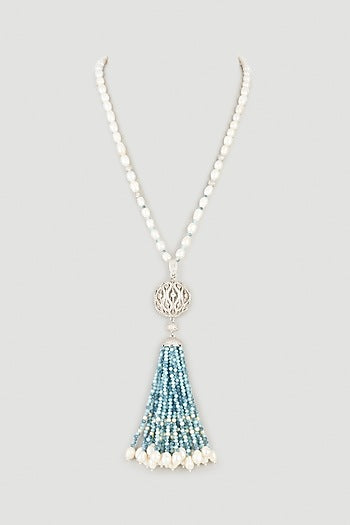 White Finish Pearl & Zircons Long Necklace