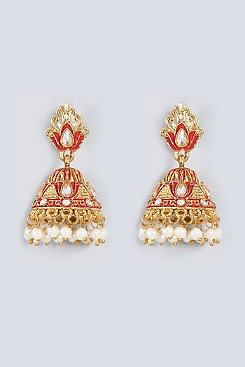 Gold Finish Kundan Polki Meenakari Jhumka Earrings