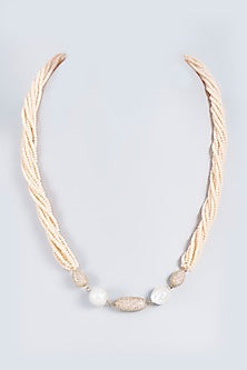 White Finish Cream Crystal Long Necklace