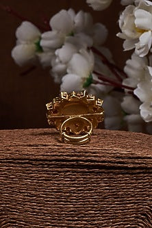 Gold Finish Kundan Polki Enamelled Ring In Sterling Silver