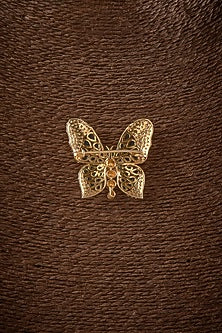 Gold Finish Kundan Polki Butterfly Brooch In Sterling Silver