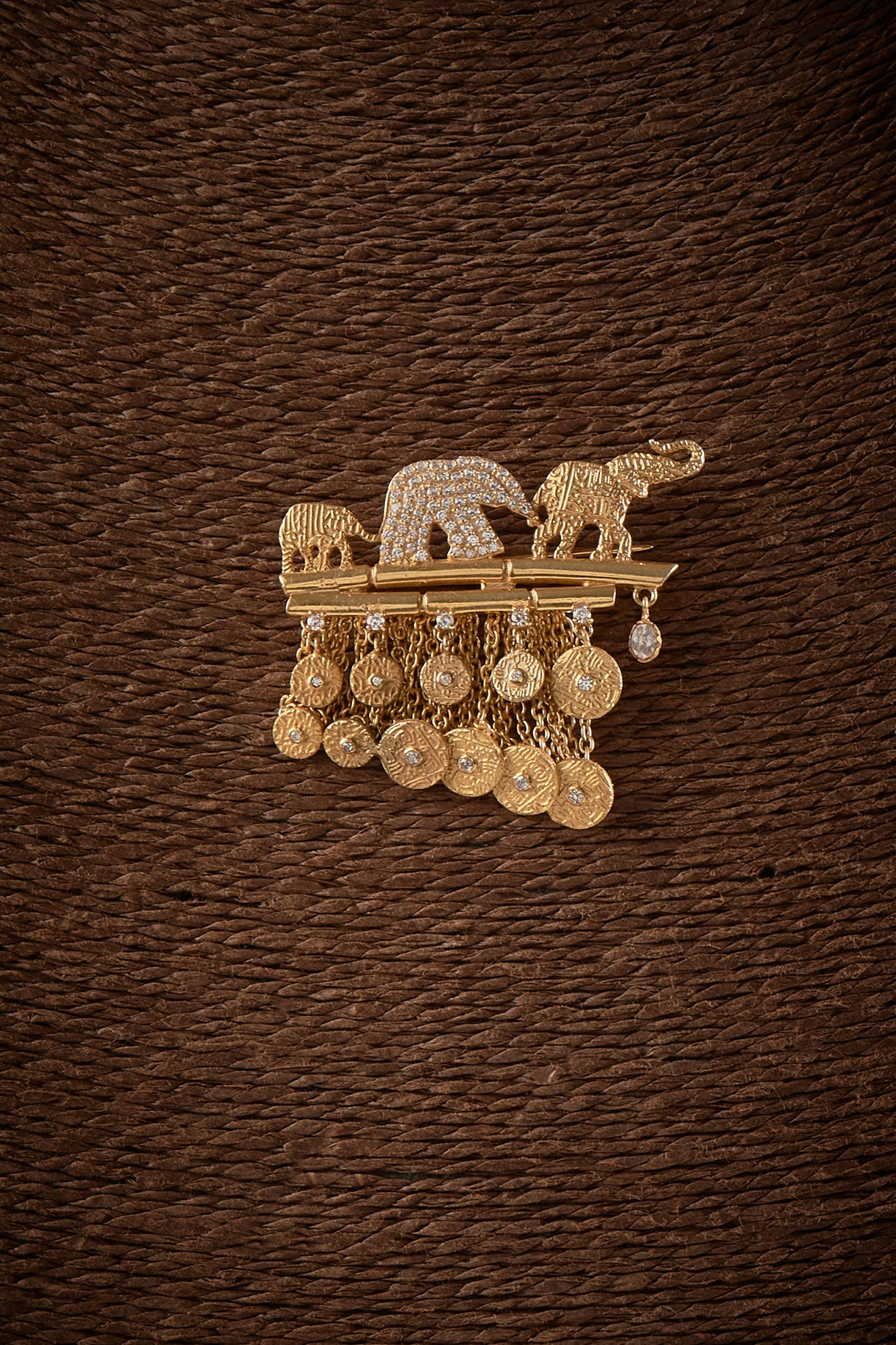 Gold Finish Kundan Polki Elephant Brooch In Sterling Silver