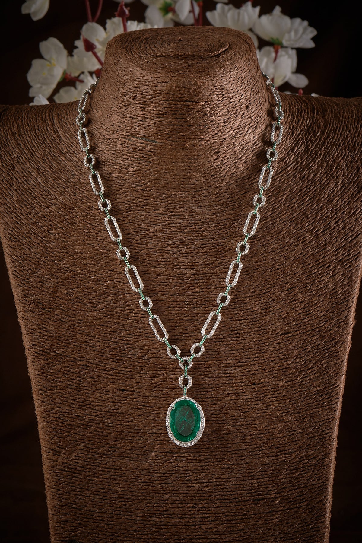 White Finish Zircon & Green Stone Long Necklace In Sterling Silver