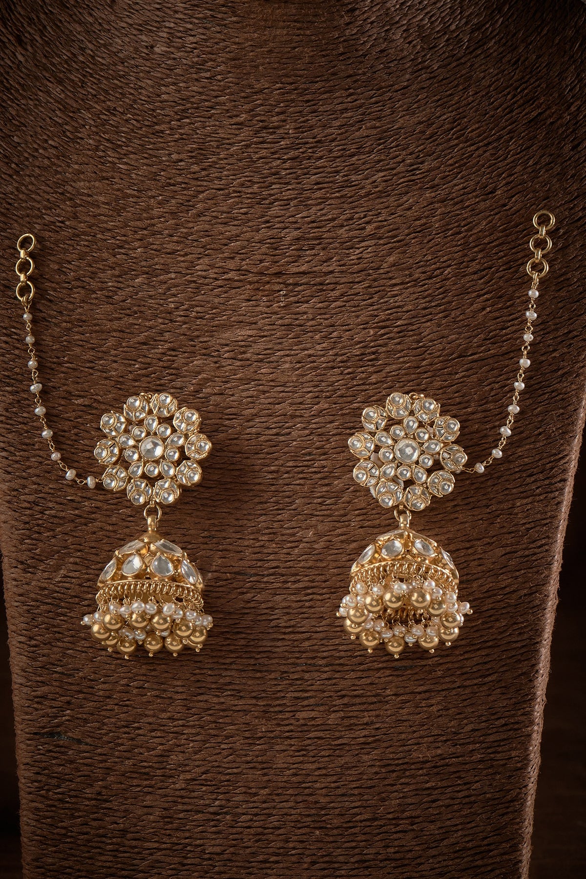 Gold Finish Kundan Polki Jhumka Earrings In Sterling Silver