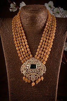 Gold Finish Pearl & Kundan Polki Long Necklace In Sterling Silver