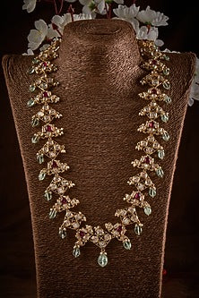 Gold Finish Kundan Polki Long Necklace In Sterling Silver