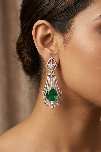14kt Gold FInish Diamond & Pear-Shaped Emerald Stone Dangler Earrings