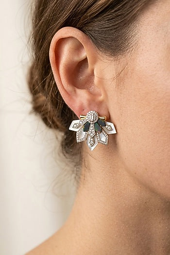 14kt Gold Finish Diamond & Sapphire Stone Floral Shaped Stud Earrings