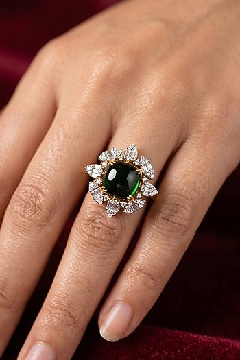 18kt Gold Finish Diamond & Emerald Stone Floral Ring