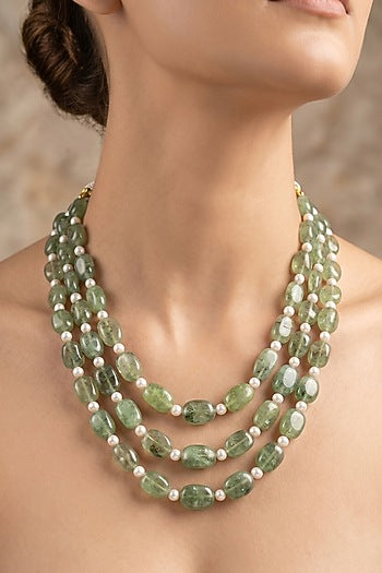 Emerald Green Stone & Pearl Layered Necklace