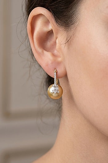 14kt Gold Finish Pearl & Diamond Hoop Earrings